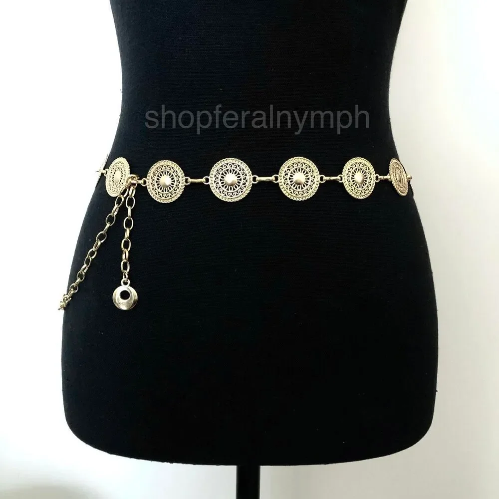 Gold Y2K Textured Round Medallion Boho Chain Belt, Fits 25-44.5 Inches, X7GA1247